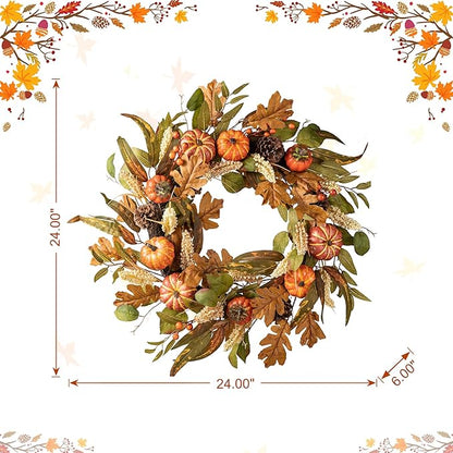 24 inch Fall Wreath with Orange Pumpkins, Natural Pinecones and Green/Brown Leaves