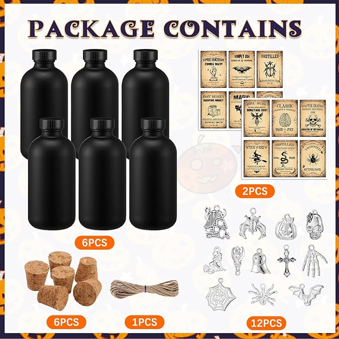 Set of 6 Halloween Potion Bottles - Black, 8.5 oz