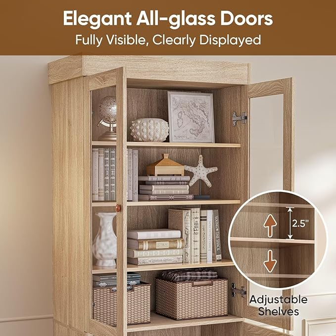 Vyre 71" Tall Farmhouse Bookshelves with Glass Doors, Set of 2 – Natural