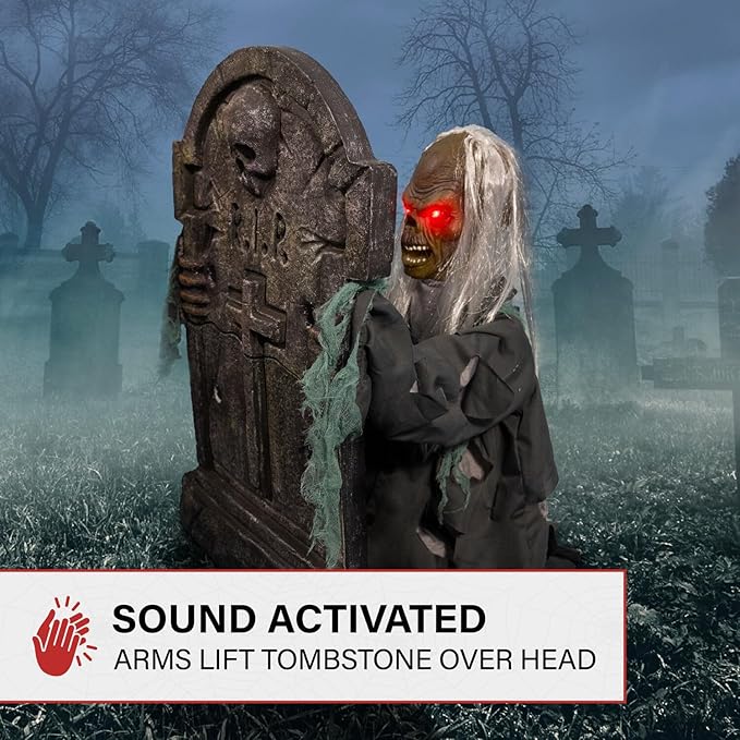Creepy Sound Activated Animatronic Zombie with Sound Effects and Lights for Indoor (or Covered) Outdoor Halloween Decoration