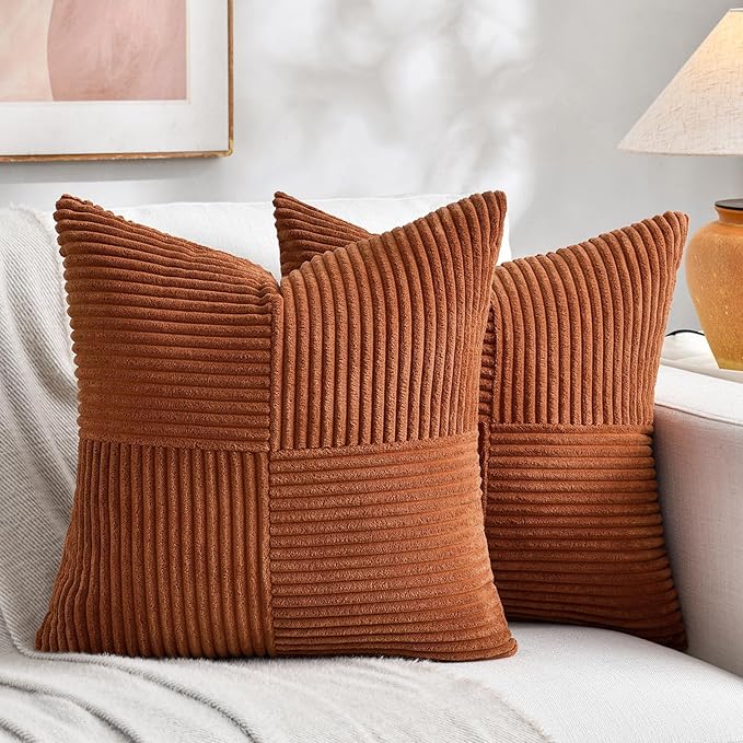2 Pc Soft Corduroy Patchwork Pillow Covers -  18 x 18 inch, Terracotta