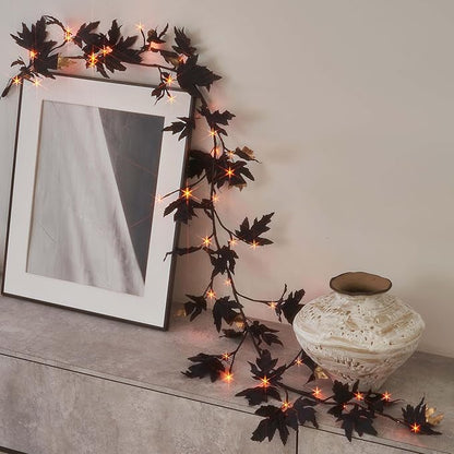Halloween Black Maple Garland with Lights &amp; Timer