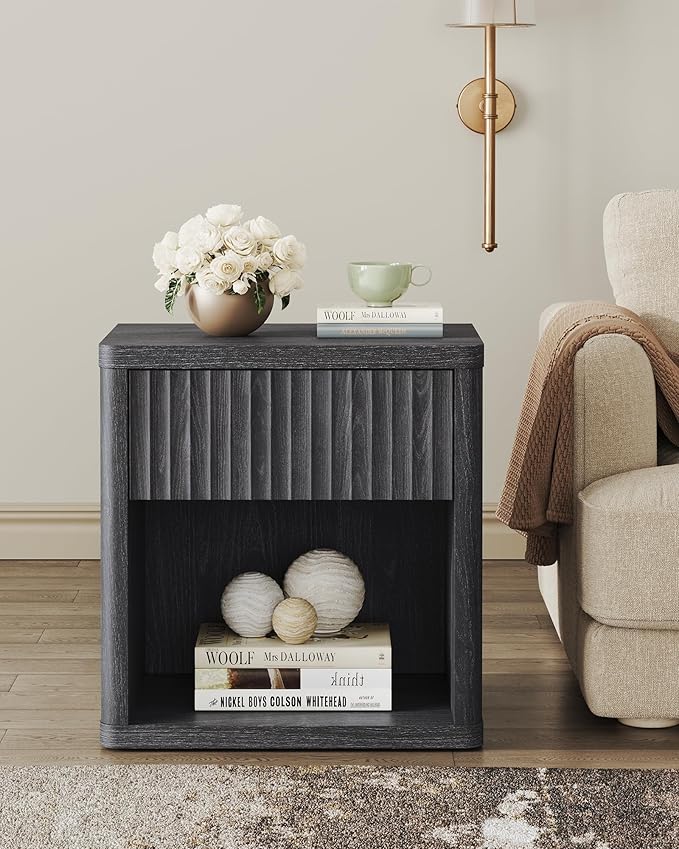 SICOTAS Fluted Bed Side Table - Dark Grey Alder
