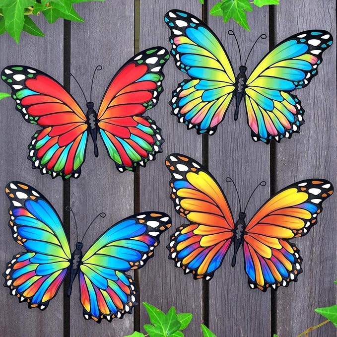 Oraytteo Metal Butterfly Outdoor Wall Decor - 4 Pack 9.8in Metal Butterflies