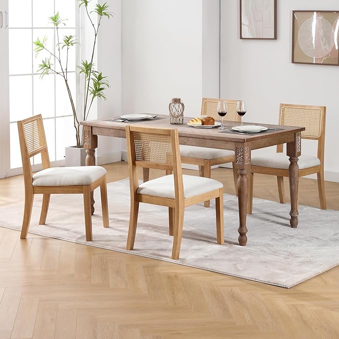 Rattan Dining Room Chairs with Upholstered Cushion, Natural Finish- Set of 6