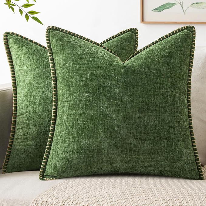 Pack of 2 Moss Green Stitched Edge Soft Chenille Pillow Covers - 18 x 18 inch