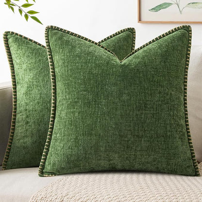 Pack of 2 Moss Green Stitched Edge Soft Chenille Pillow Covers - 18 x 18 inch