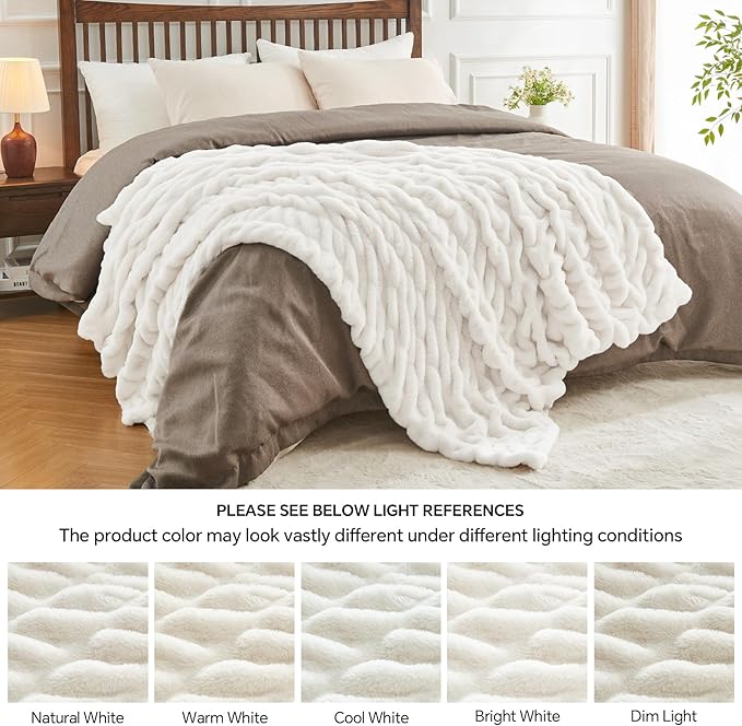 Soft and Cozy Ruched Faux Rabbit Fur Blanket - Cream, 50 x 60 inch