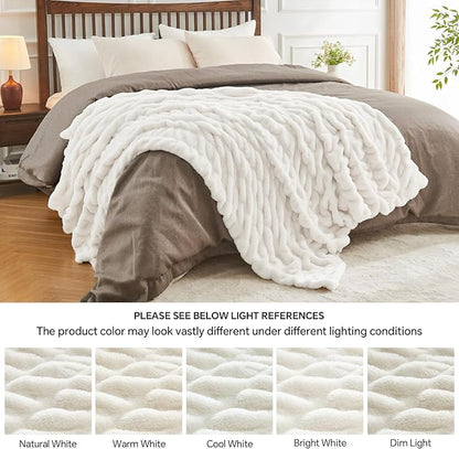 Soft and Cozy Ruched Faux Rabbit Fur Blanket - Cream, 50 x 60 inch