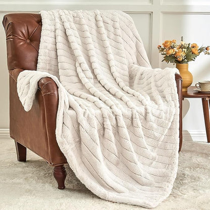 Faux Fur Throw Blanket - Beige, 60 x 80