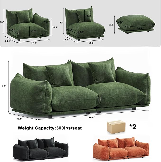 Modern Minimalist Oversized Sofa with Thick Cushion in Green