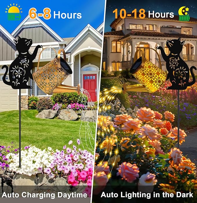 Cat With Watering Can/Cascading Lights - Solar, Waterproof