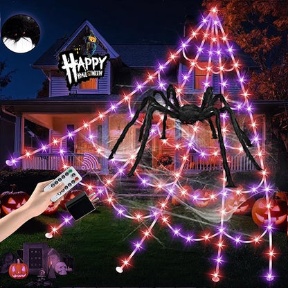 Halloween LED Lighted Spider Web - 16.4 ft Giant Halloween Decoration with 8 Lighting Modes, Orange &amp; Purple