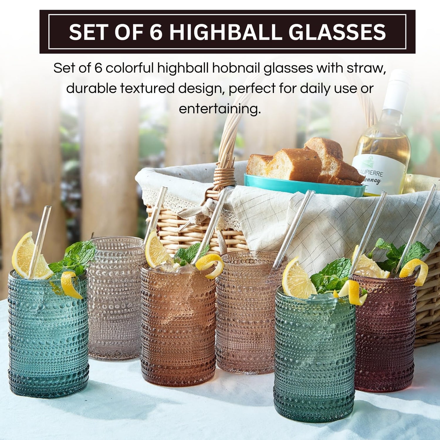 Khen Hobnail Drinking Glasses with Straws | Muted Colors | Set of 6