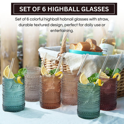 Khen Hobnail Drinking Glasses with Straws | Muted Colors | Set of 6