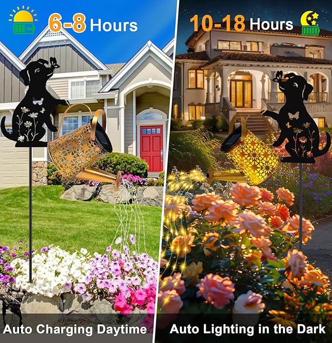 Dog With Watering Can/Cascading Lights - Solar, Waterproof