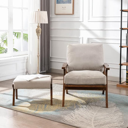 Wahson Mid Century Arm Chair and Ottoman Set in Beige