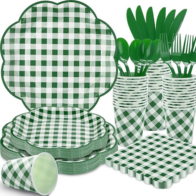 175 Pcs Green Gingham Plates and Napkins Party Supplies -  Serve 25 Guests