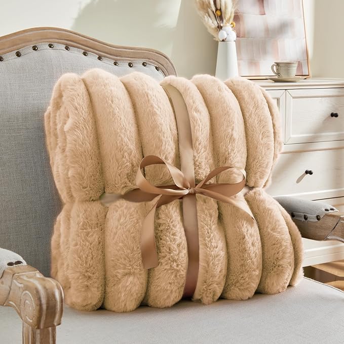 Soft and Cozy Luxurious Faux Fur Throw Blanket - Light Brown, 60 x 80 inch