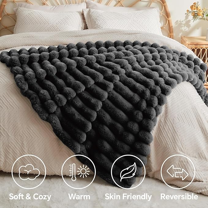 Thick Warm Plush Fuzzy Faux Rabbit Fur Blanket - Black, 50 x 60 inch