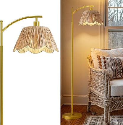Boho Floor Lamp with Handwoven Rattan Shade - Gold