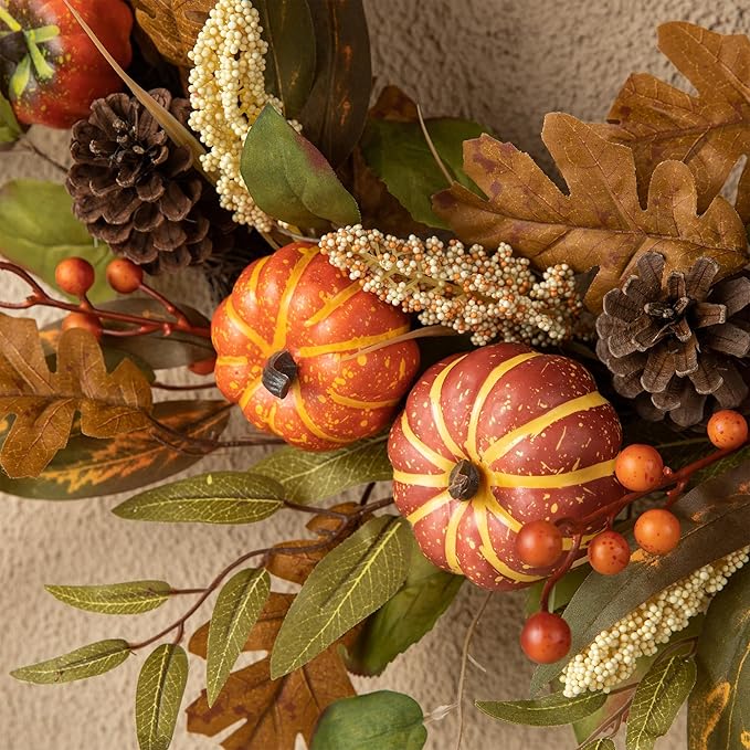 24 inch Fall Wreath with Orange Pumpkins, Natural Pinecones and Green/Brown Leaves