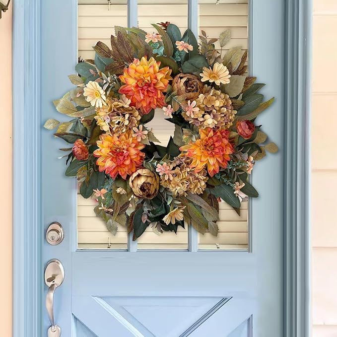 24 Inch Fall Wreath with  Hydrangea, Peony and Dahlia