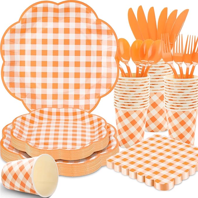 175 Pcs Orange and White Gingham Party Supplies - Serve 25 Guests