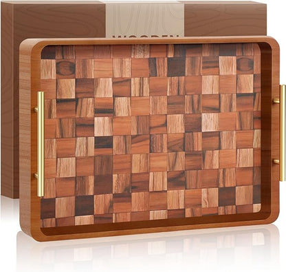 Wooden Serving Tray with Gold Handles