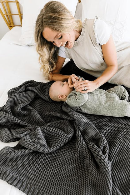 Large Organic Cotton Knit Throw Blanket - Charcoal