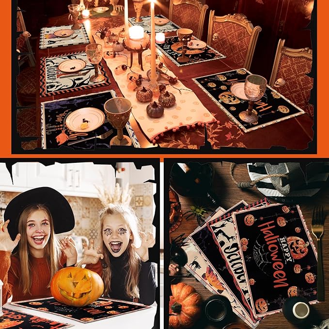 Set of 6 Vintage Halloween Washable Placemats - 12"x18"