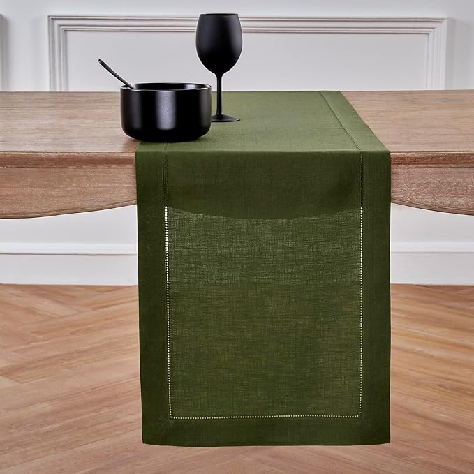 100% Pure Linen Hemstitch Table Runner - 14 x 60 Inch, Juniper