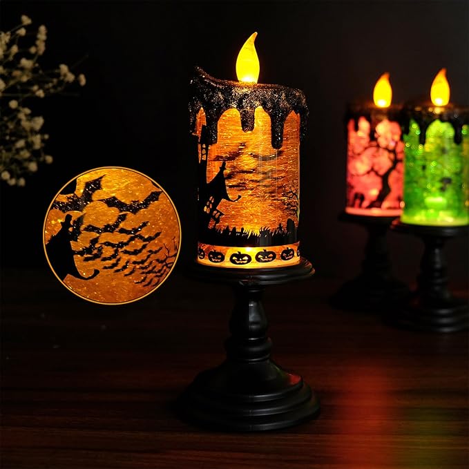 Battery Operated Spooky Spinning Flameless Candle - Black/Orange