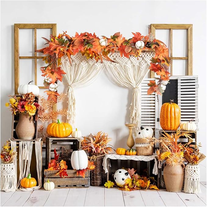 6ft Fall Garland - Orange Leaves/White Pumpkins/Pinecones