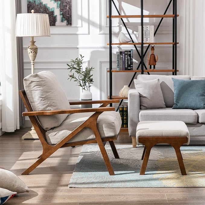 Wahson Mid Century Arm Chair and Ottoman Set in Beige