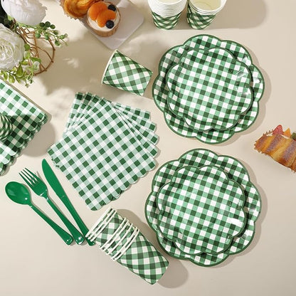 175 Pcs Green Gingham Plates and Napkins Party Supplies -  Serve 25 Guests