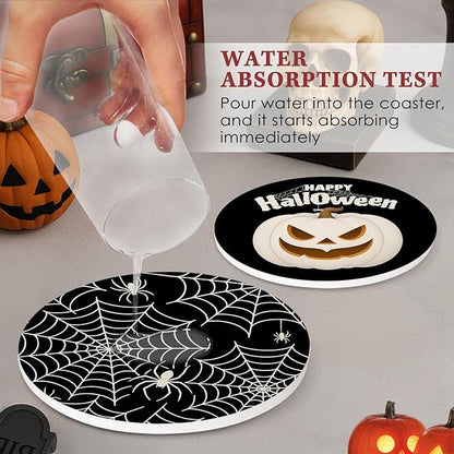 Set of 6 Happy Halloween Absorbent Round Ceramic Stone Drink Coasters with Cork Base and Metal Holder