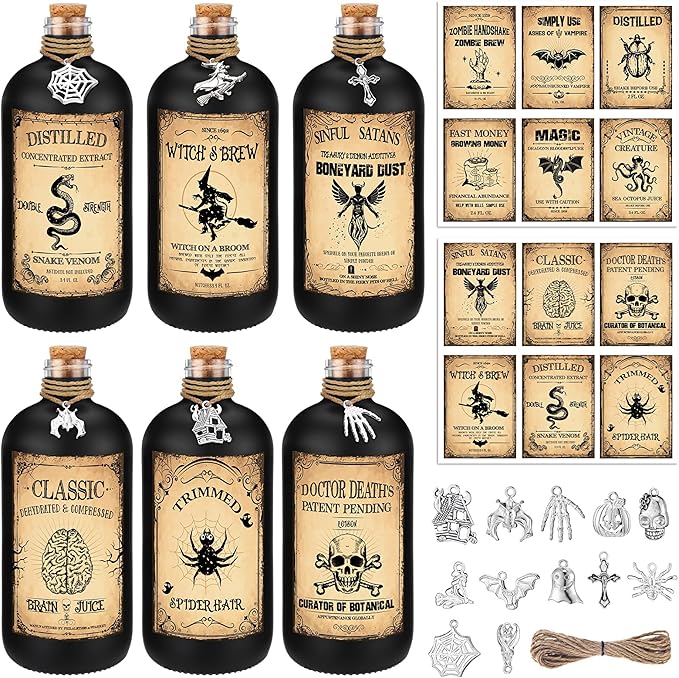 Set of 6 Halloween Potion Bottles - Black, 8.5 oz