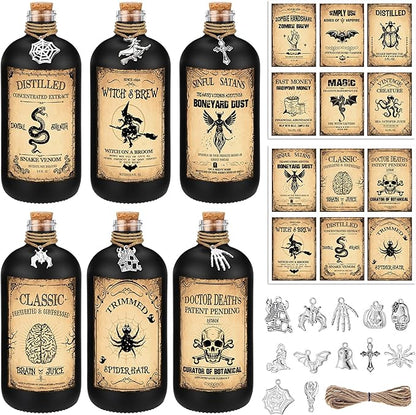 Set of 6 Halloween Potion Bottles - Black, 8.5 oz