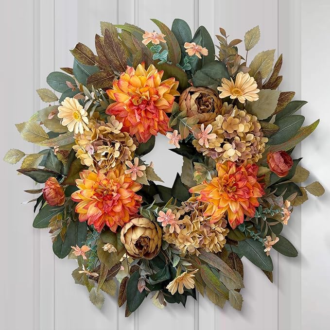24 Inch Fall Wreath with  Hydrangea, Peony and Dahlia