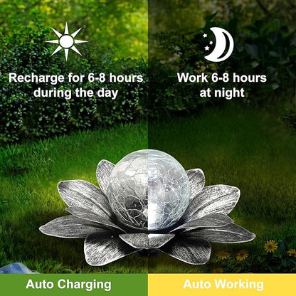 Set of 3 Silver Gray Lotus Flower Pathway Lights with Cool White Crackle Glass