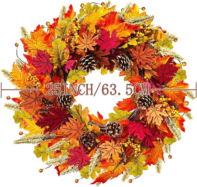 24 inch Autumn Wreath with Berry Wood, Maple Leaves and Pine Cones