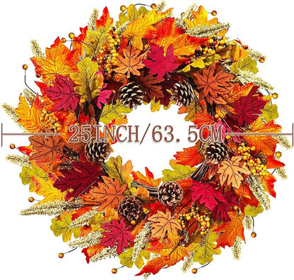 24 inch Autumn Wreath with Berry Wood, Maple Leaves and Pine Cones