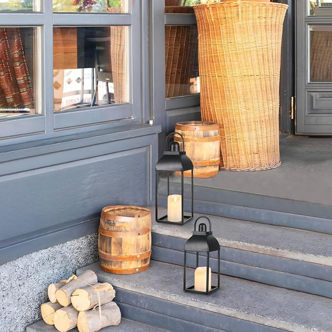 Set of 2 Modern Farmhouse Candle Lanterns - Black Metal