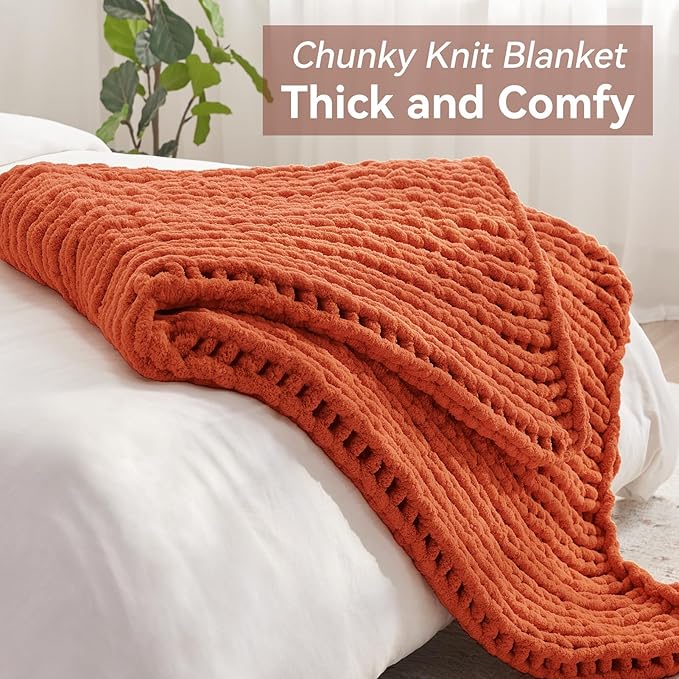 Chunky Knit Throw Blanket - Burnt Orange 60 x 80 inch
