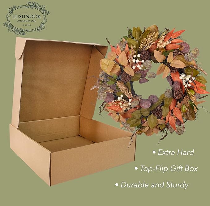 24" Fall Wreath - Handmade with Autumn Leaves, Pinecones, Berries and Wheat