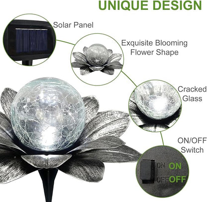 Set of 3 Silver Gray Lotus Flower Pathway Lights with Cool White Crackle Glass