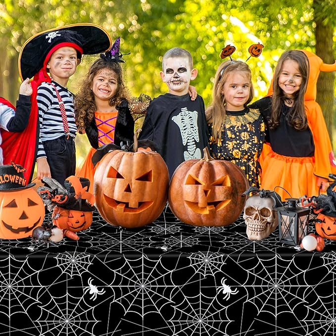 Set of 2 Disposable Halloween Tablecloths - Spider Webs - Black, 108 x 54 Inch