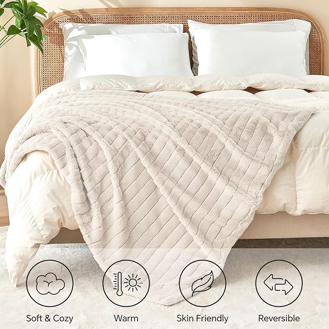 Faux Fur Throw Blanket - Beige, 60 x 80