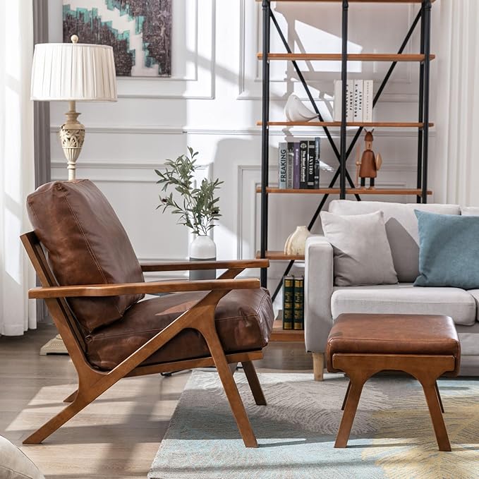 Wahson Brown Leather Mid-Century Modern Accent Chair and Ottoman Set in Faux Leather